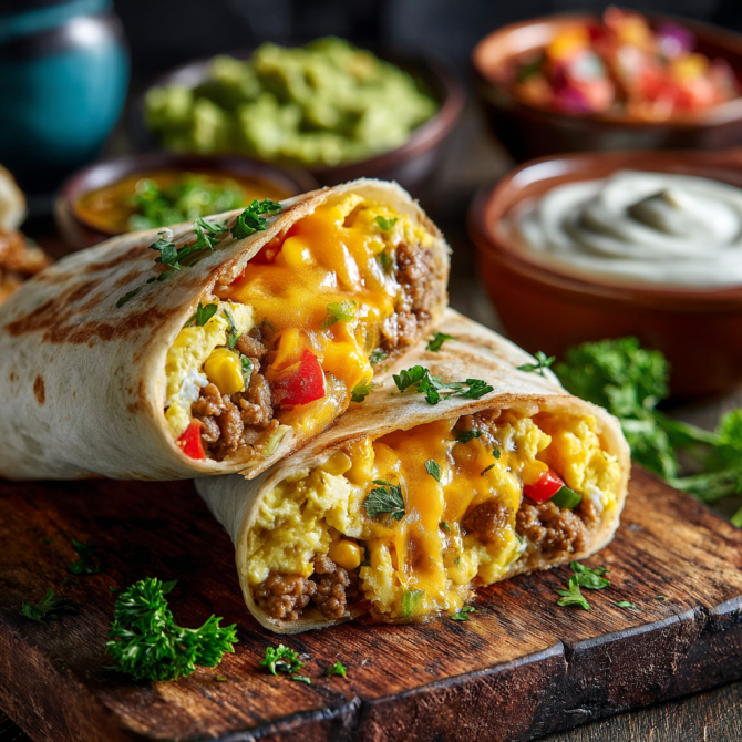 High protein breakfast burritos with eggs, peppers, and cheese on a wooden board