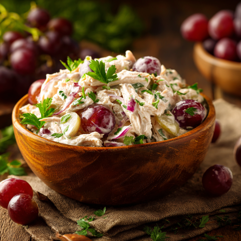 High protein chicken salad with grapes and parsley in a wooden bowl