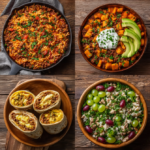 Four high protein one pot meals including beef and orzo pasta, hot honey beef bowl, breakfast burritos, and chicken salad