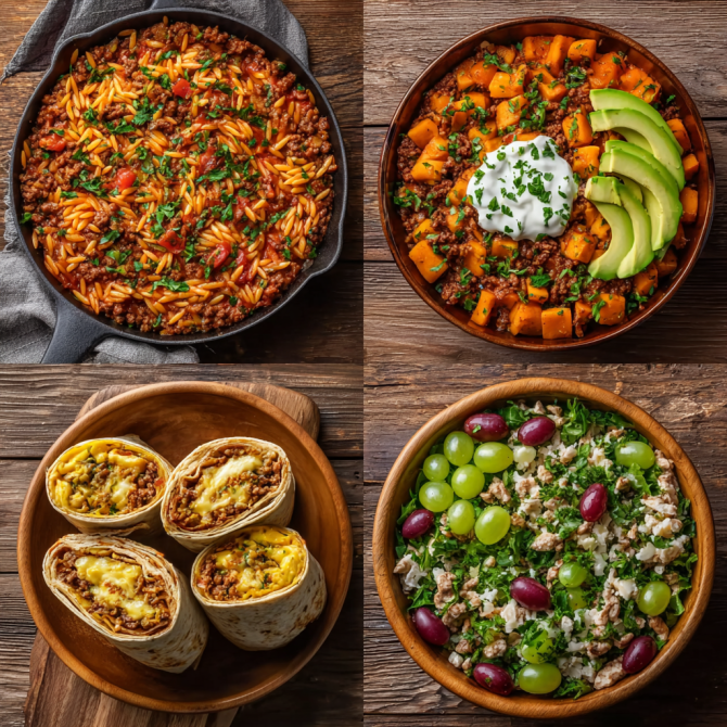 Four high protein one pot meals including beef and orzo pasta, hot honey beef bowl, breakfast burritos, and chicken salad