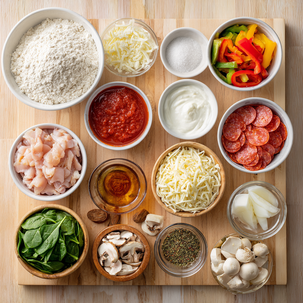 Ingredients for high-protein sheet pan pizza arranged on a bright kitchen surface
