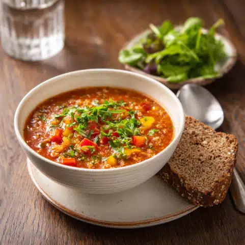 High Protein Stuffed Pepper Soup meal with healthy sides