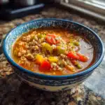 High Protein Stuffed Pepper Soup served fresh with lean turkey and peppers