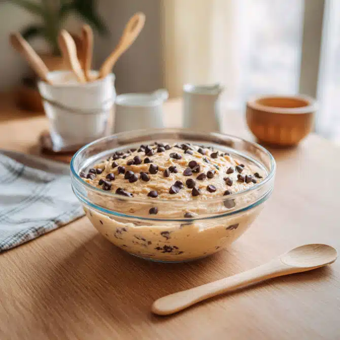 Smooth banana-chocolate chip cake batter in glass bowl with spoon and measuring cups