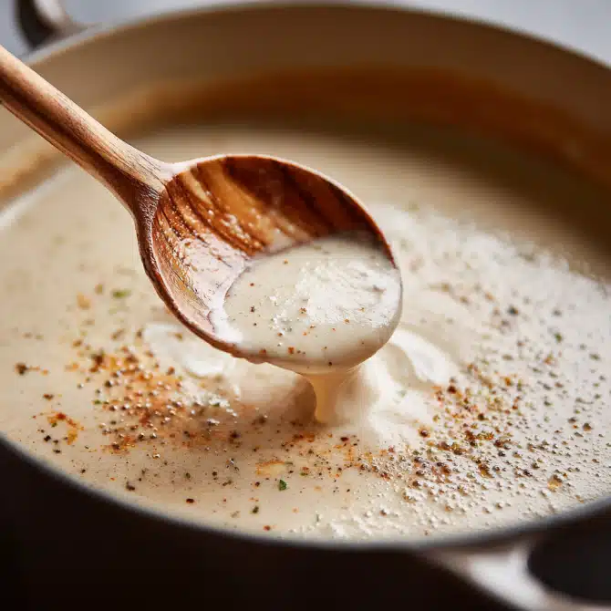 Roasted Garlic Soup – The Perfect Comfort Food Recipe 7 Ladle scooping roasted garlic soup from a pot