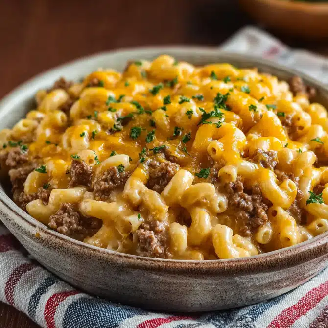 Creamy mac and cheese with ground beef in a bowl – a classic sheet pan comfort food recipe