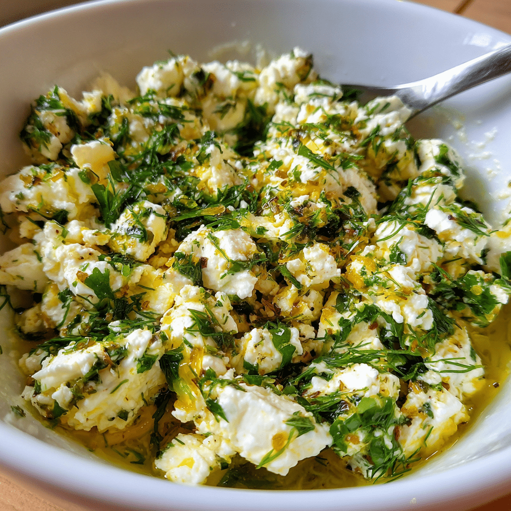 One Pan Lemon Feta Chicken and Orzo – Easy Mediterranean Dinner in One Skillet 7 Marinated feta topping for one pan lemon chicken and orzo