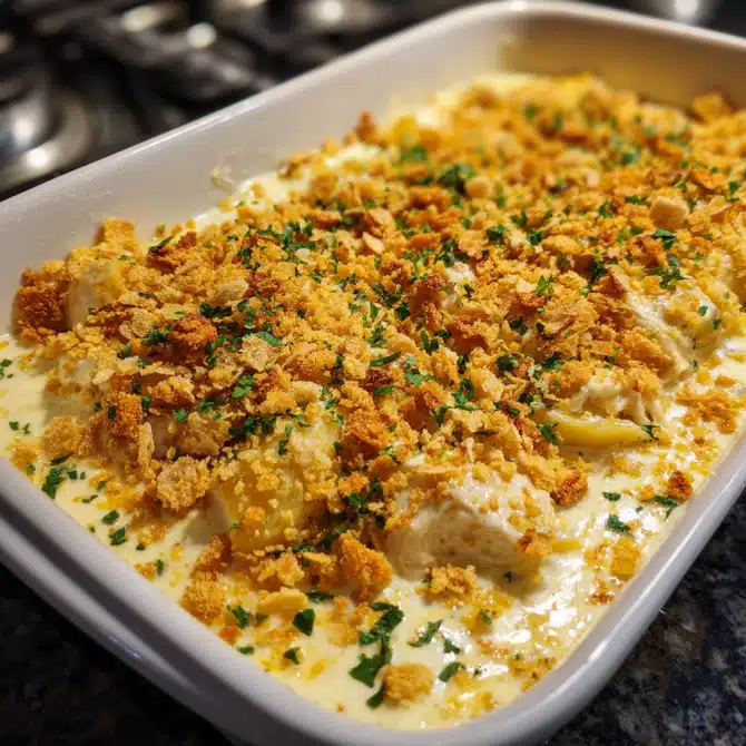 Million Dollar Chicken Casserole (The Irresistible Comfort Dish You'll Love) 6 assembling million dollar chicken casserole with topping