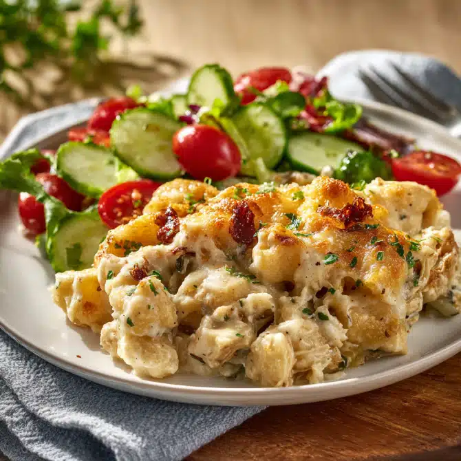 Million Dollar Chicken Casserole (The Irresistible Comfort Dish You'll Love) 8 plated million dollar chicken casserole with crisp salad