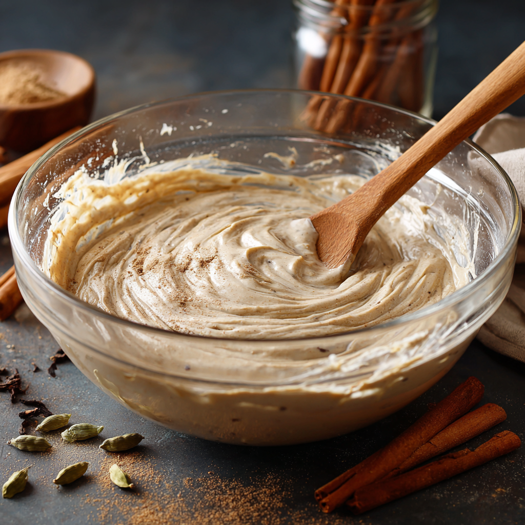 Mixing chai-spiced bundt cake batter in a glass bowl