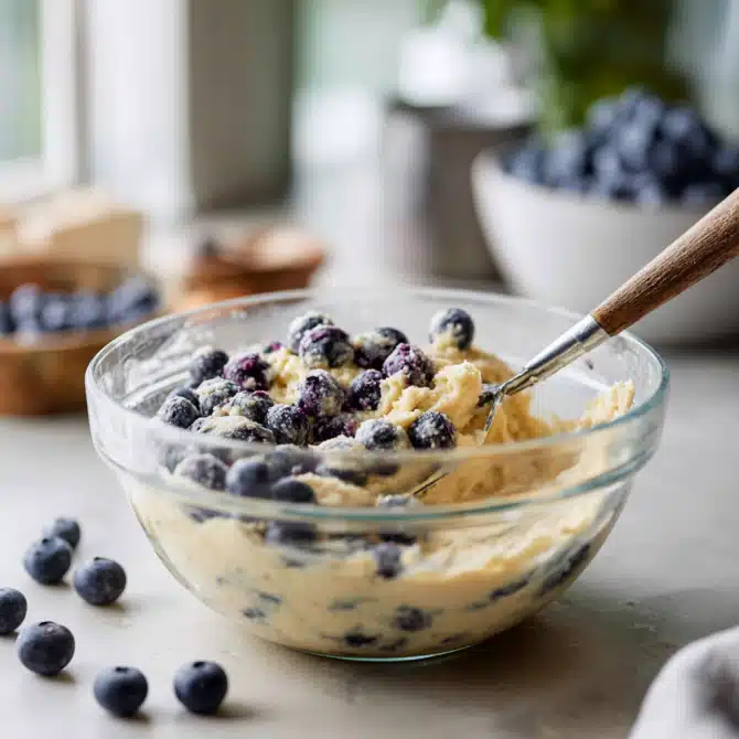 Folding blueberries into one-bowl muffin batter