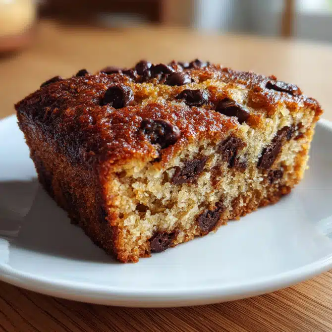 One-Bowl Banana-Chocolate Chip Snack Cake slice on plate