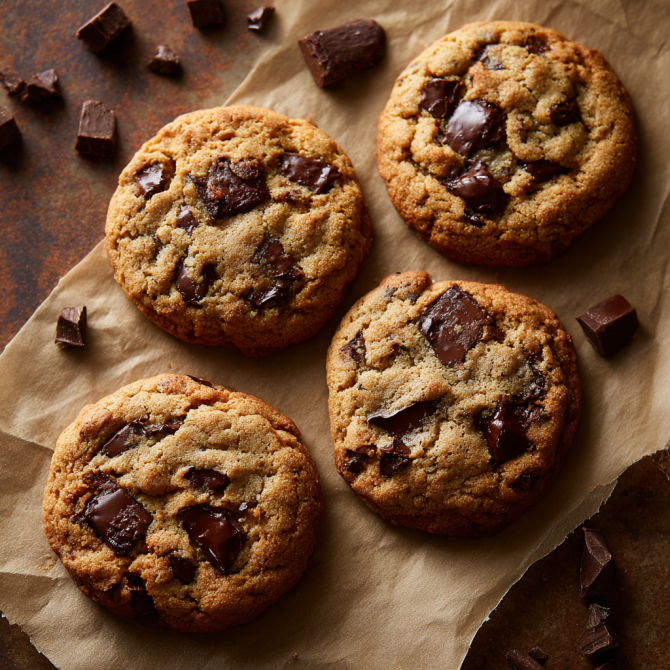 one bowl chocolate chunk cookies on parchment