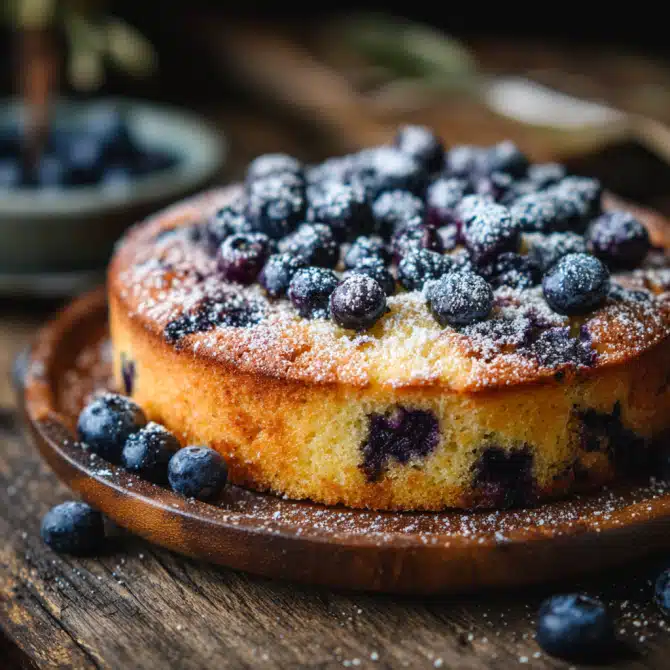 one-bowl lemon-blueberry cake on rustic wooden table