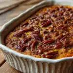 One-Bowl Pumpkin Dump Cake fresh from the oven in a white baking dish