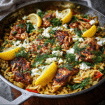 One Pan Lemon Feta Chicken and Orzo – Easy Mediterranean Dinner in One Skillet 8 One pan lemon feta chicken and orzo dinner in cast iron skillet