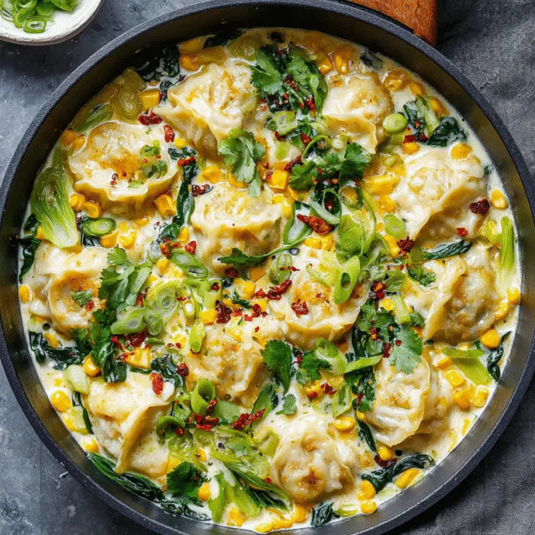 One Pan Sweet Corn Coconut Dumplings in creamy coconut broth