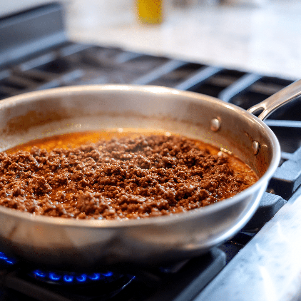 One-Pot Cheeseburger Macaroni – A Hearty Family Favorite for Busy Weeknights 5 Ground beef browning in a skillet for One-Pot Cheeseburger Macaroni