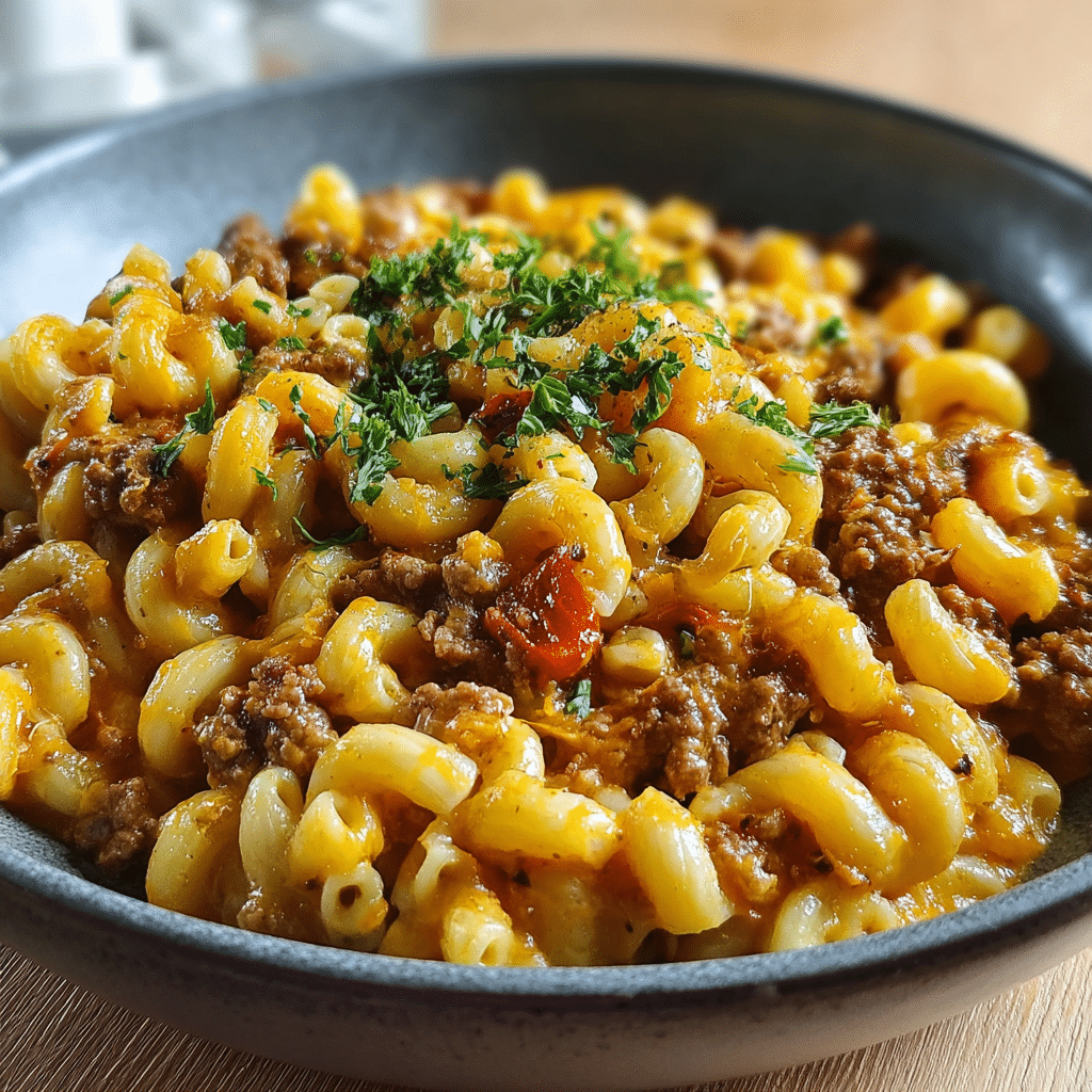 One-Pot Cheeseburger Macaroni – A Hearty Family Favorite for Busy Weeknights 6 Bowl of One-Pot Cheeseburger Macaroni garnished with parsley