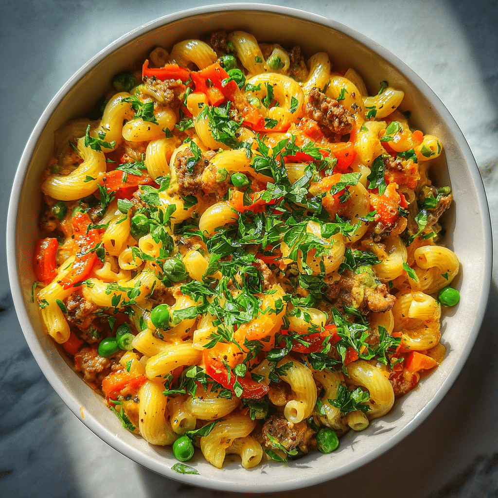 One-Pot Cheeseburger Macaroni – A Hearty Family Favorite for Busy Weeknights 7 One-Pot Cheeseburger Macaroni with vegetables and creamy add-ins
