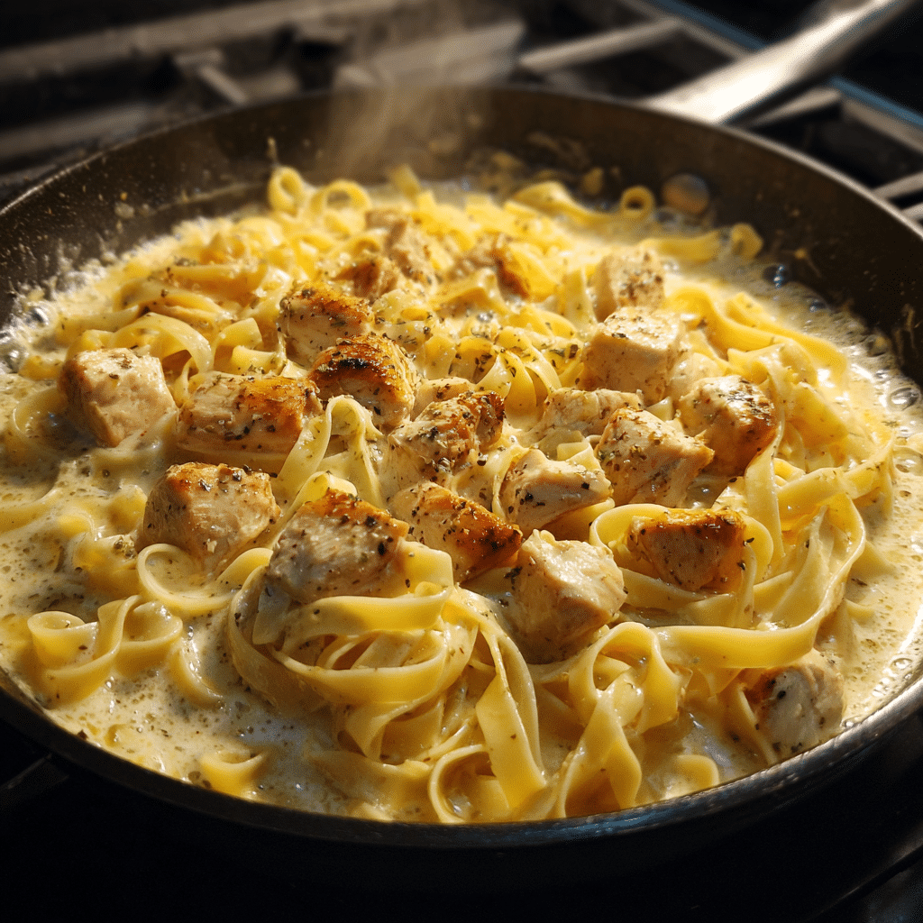 One Pot Chicken Alfredo Pasta – Easy Creamy Comfort Food in Minutes 5 One Pot Chicken Alfredo Pasta cooking in skillet with chicken and creamy sauce
