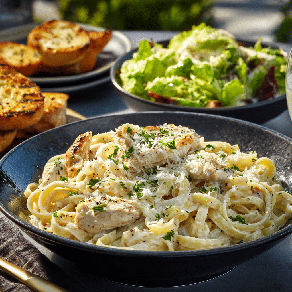 One Pot Chicken Alfredo Pasta – Easy Creamy Comfort Food in Minutes 8 One Pot Chicken Alfredo Pasta with salad and garlic bread