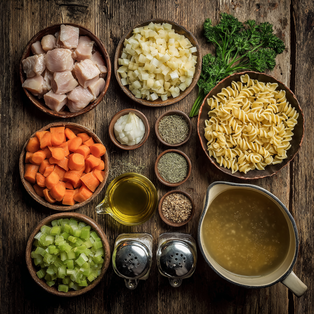 Ingredients for one-pot chicken noodle soup on a rustic wooden surface