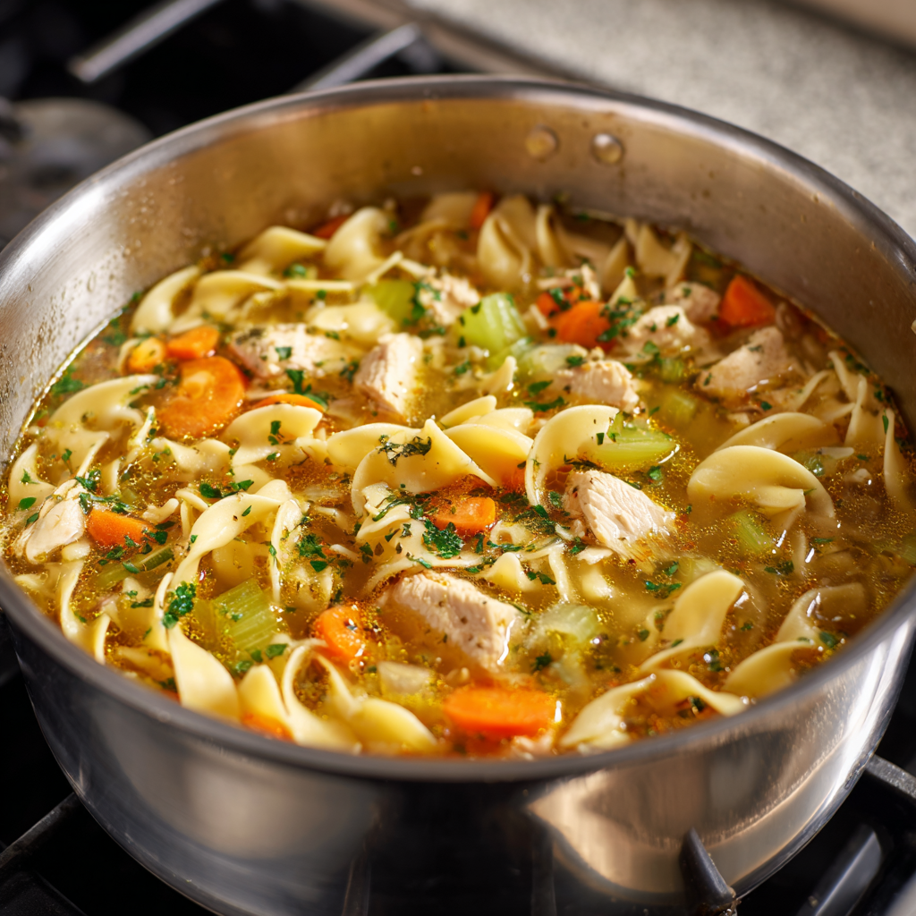 Chicken noodle soup simmering on the stovetop in a stainless steel pot