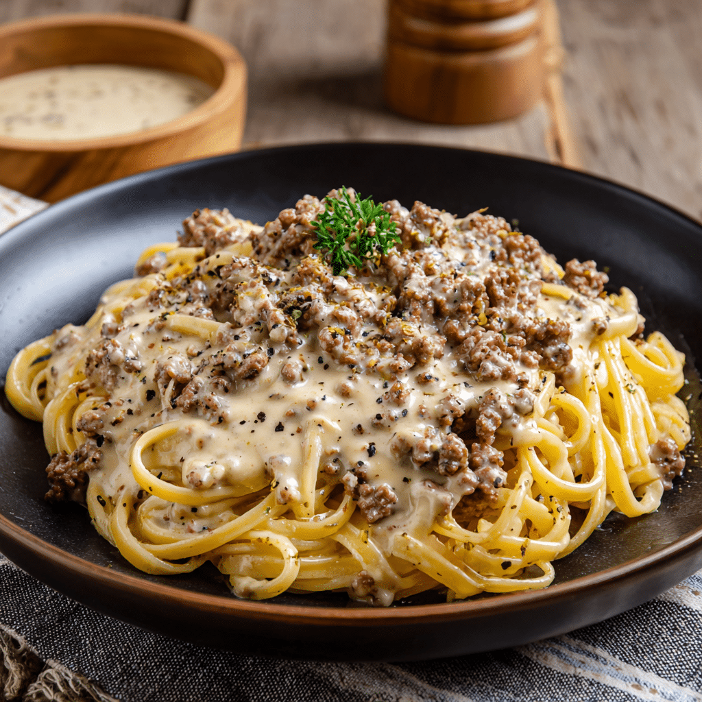 Delicious & Easy One-Pot Ground Beef Recipes 6 Rich One-Pot Ground Beef pasta in a creamy garlic butter sauce in a skillet.