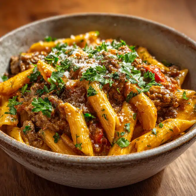 One pot creamy tomato beef pasta served in a rustic bowl