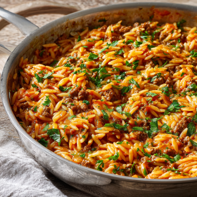 One-pot ground beef and orzo pasta with tomato sauce and parsley in a skillet