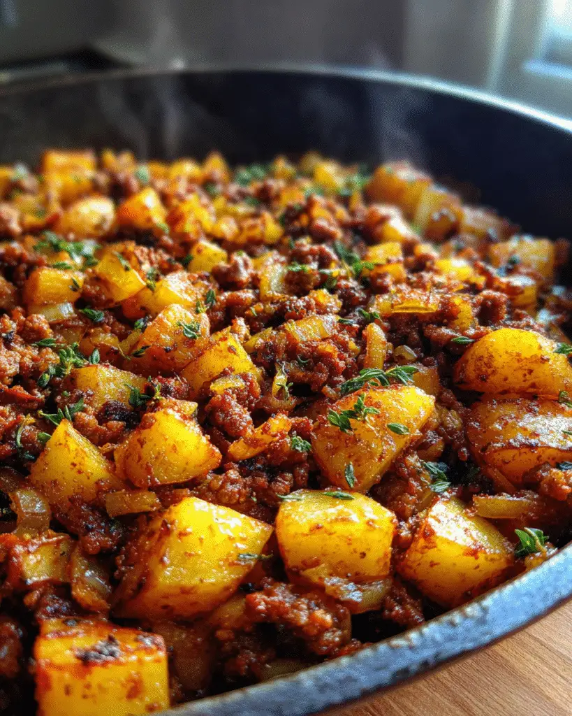 Delicious & Easy One-Pot Ground Beef Recipes 5 Rustic One-Pot Ground Beef and potato skillet with herbs and spices.