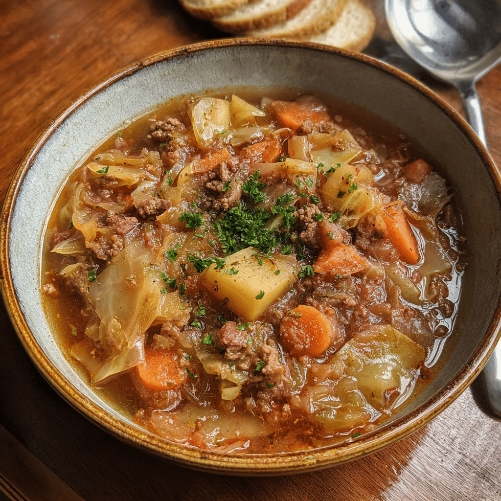 Delicious & Easy One-Pot Ground Beef Recipes 1 Hearty One-Pot Ground Beef recipes featuring cabbage soup served in a white bowl with crusty bread.