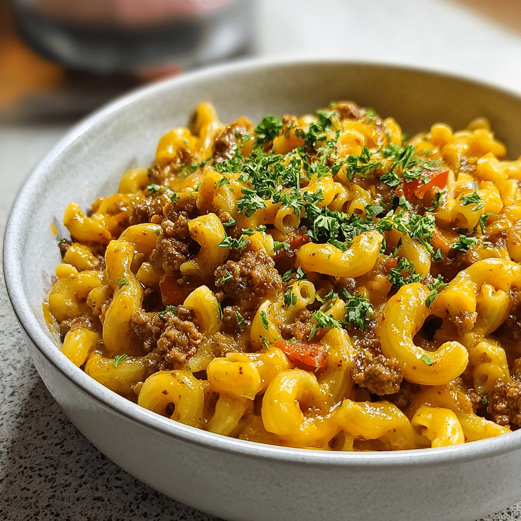 Delicious & Easy One-Pot Ground Beef Recipes 3 Creamy One-Pot Ground Beef cheeseburger macaroni with melted cheddar and parsley.