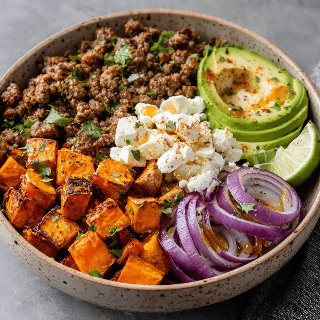 Delicious & Easy One-Pot Ground Beef Recipes 7 Sweet and spicy One-Pot Ground Beef hot honey bowl with rice and fresh toppings.