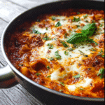 One Pot Lasagna Recipe That’s Quick, Easy, and Loaded with Flavor 5 Cheesy One Pot Lasagna in a skillet with basil topping