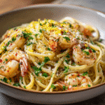 One Pot Lemon Garlic Shrimp Pasta – A Fast, Flavorful Dinner Everyone Will Love 8 One pot lemon garlic shrimp pasta in a white bowl with lemon slices and shrimp