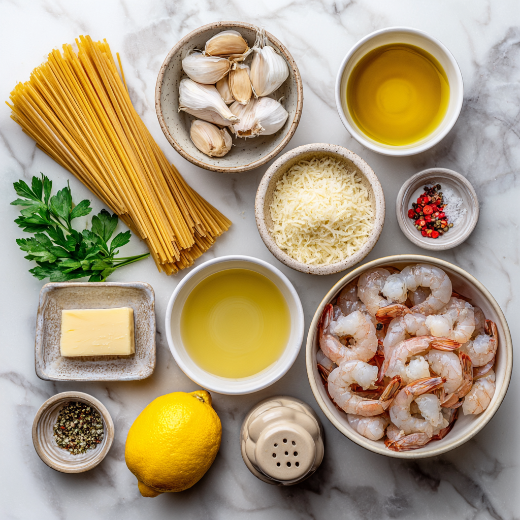 Ingredients for one-pot lemon garlic shrimp pasta on a bright kitchen counter
