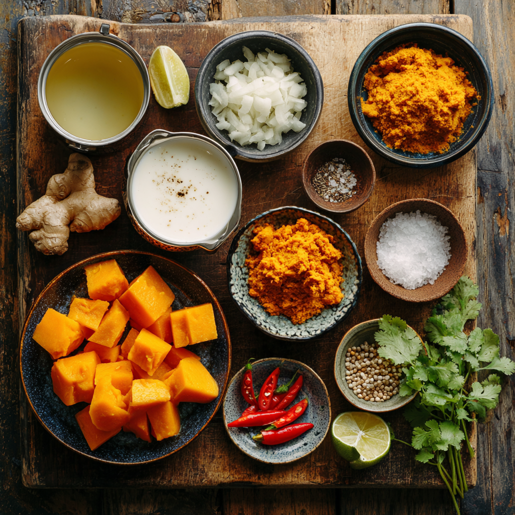 One-Pot Pumpkin Curry with Coconut Milk – Creamy, Comforting & Easy 5 Ingredients for one-pot pumpkin curry with coconut milk arranged on a rustic kitchen counter