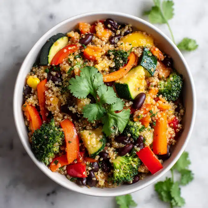 one-pot quinoa and veggie bowl with carrots, broccoli, bell peppers, zucchini, and black beans
