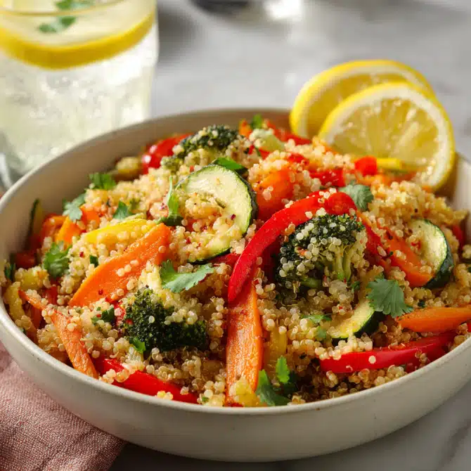 angled shot of one-pot quinoa and veggie bowl with broccoli, zucchini, bell peppers, black beans, and a glass of lemonade