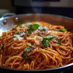 One-Pot Spaghetti with Marinara served hot in one pot