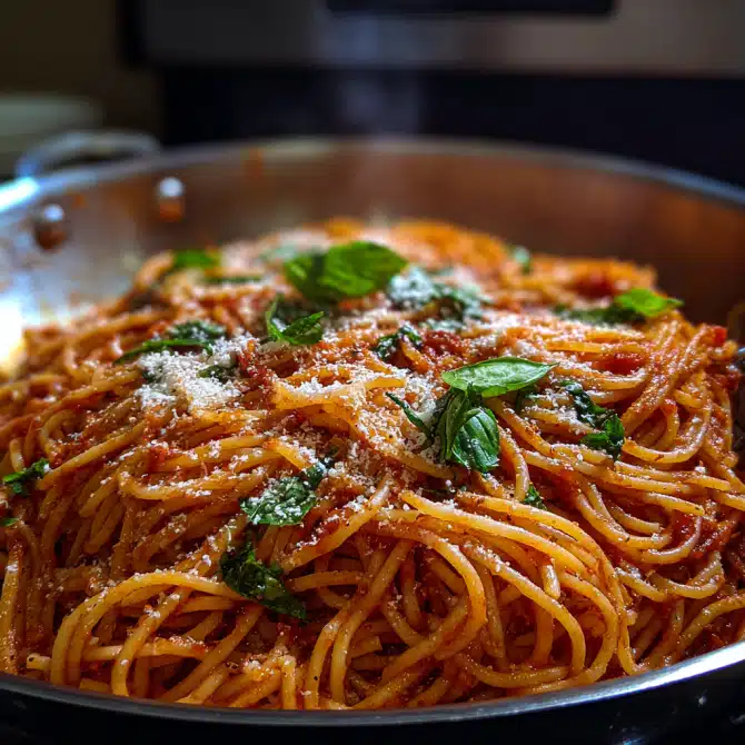 One-Pot Spaghetti with Marinara served hot in one pot