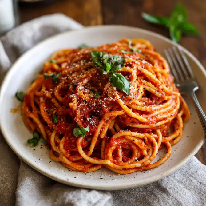 Served portion of One-Pot Spaghetti with Marinara on a white plate