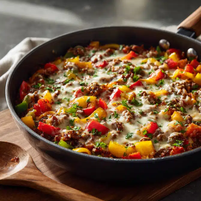 one-pot stuffed pepper casserole recipe in skillet