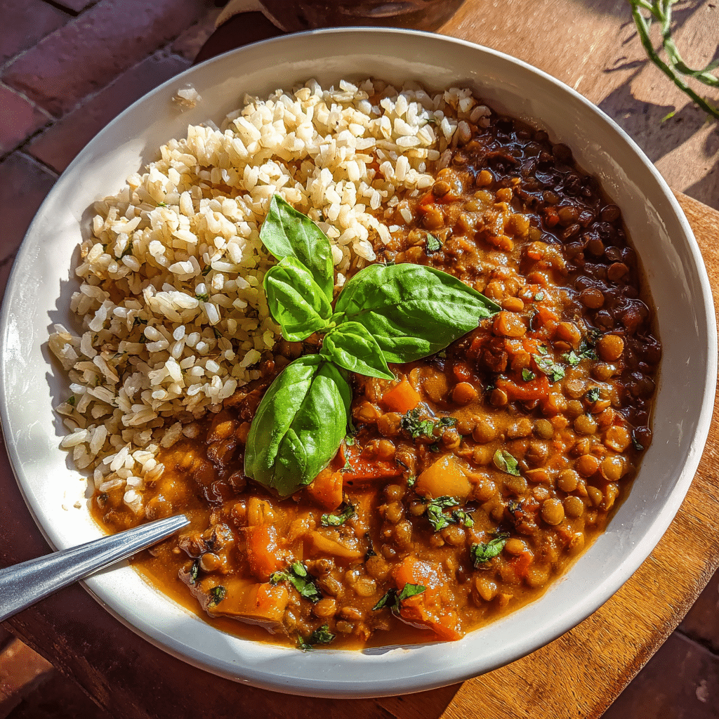 One-Pot Vegan Mediterranean Lentil Soup: A Hearty and Healthy Comfort Meal 8 One-Pot Vegan Mediterranean Lentil Soup with brown rice and basil garnish