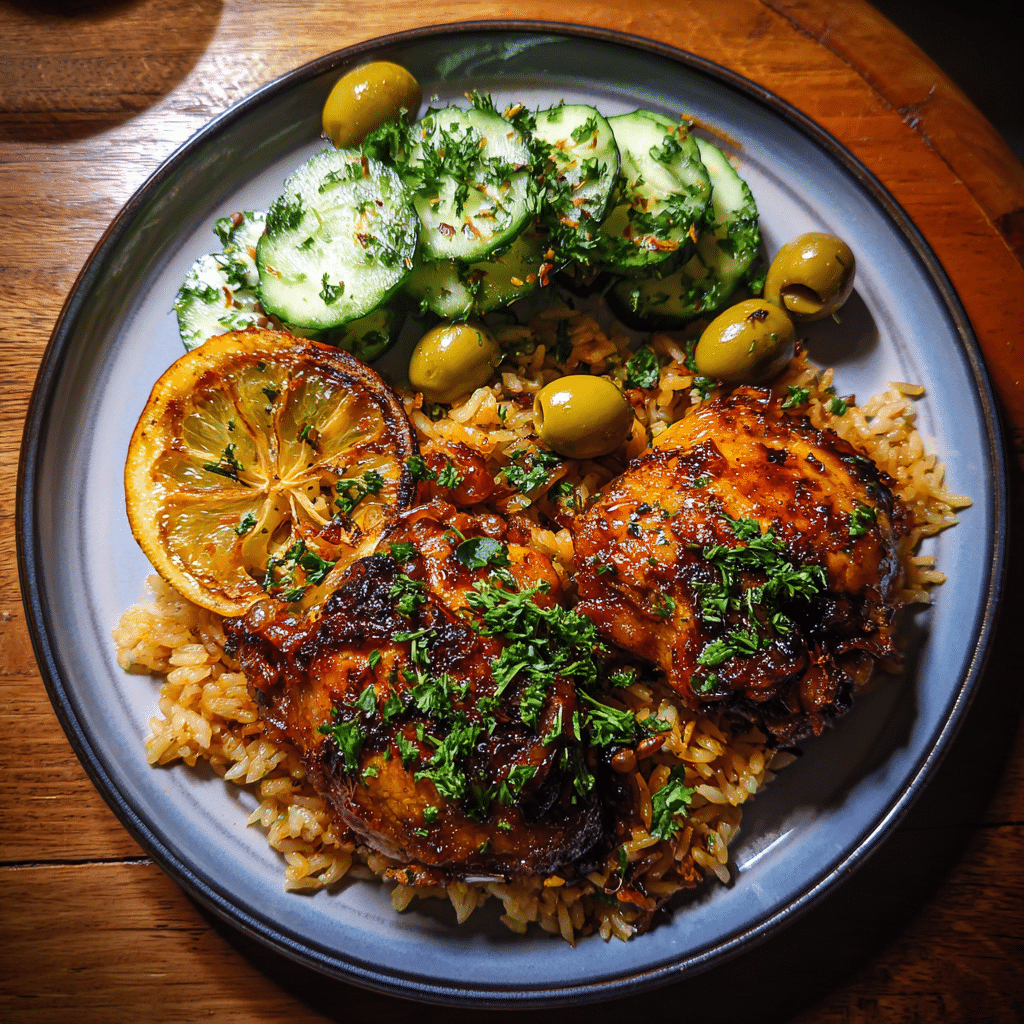 One-Pot Chicken Rice With Caramelized Lemon: A Flavorful and Comforting Dish 8 plated one-pot chicken rice with caramelized lemon and salad