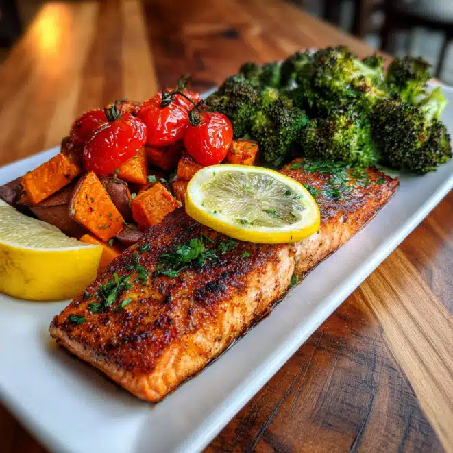 Sheet Pan Salmon and Veggies: The Perfect Guide to a Healthy One-Pan Meal 8 Plated sheet pan salmon and veggies with lemon garnish