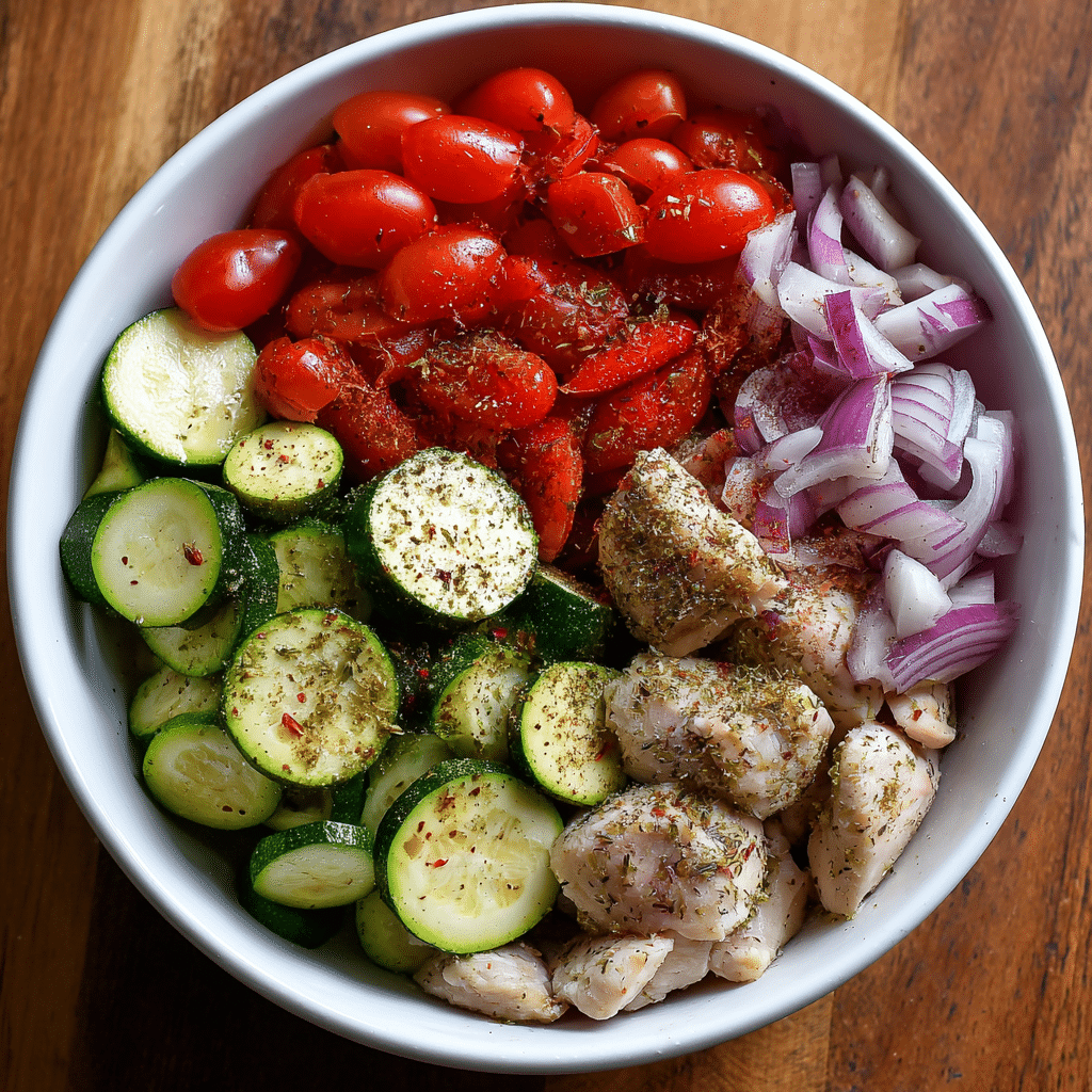 Sheet Pan Mediterranean Chicken Zucchini (Healthy & Easy One-Pan Dinner) 5 Prepping ingredients for Sheet Pan Mediterranean Chicken Zucchini
