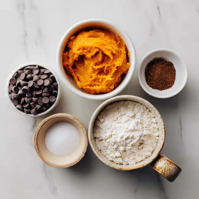 Ingredients for pumpkin chocolate chip mug cake laid on marble